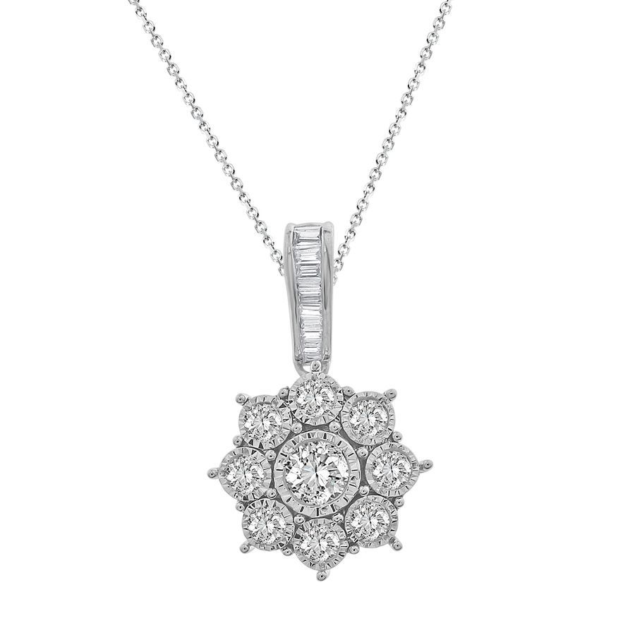 LADIES PENDANT WITH CHAIN 0.25CT ROUND/BAGUETTE DIAMOND 10K WHITE GOLD