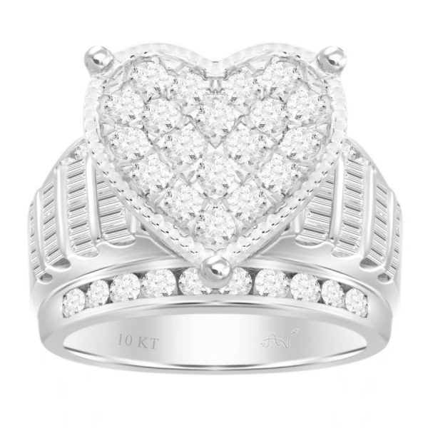 Exquisite 3.00 Carat Round and Baguette Ladies Diamond Ring in 10K White Gold