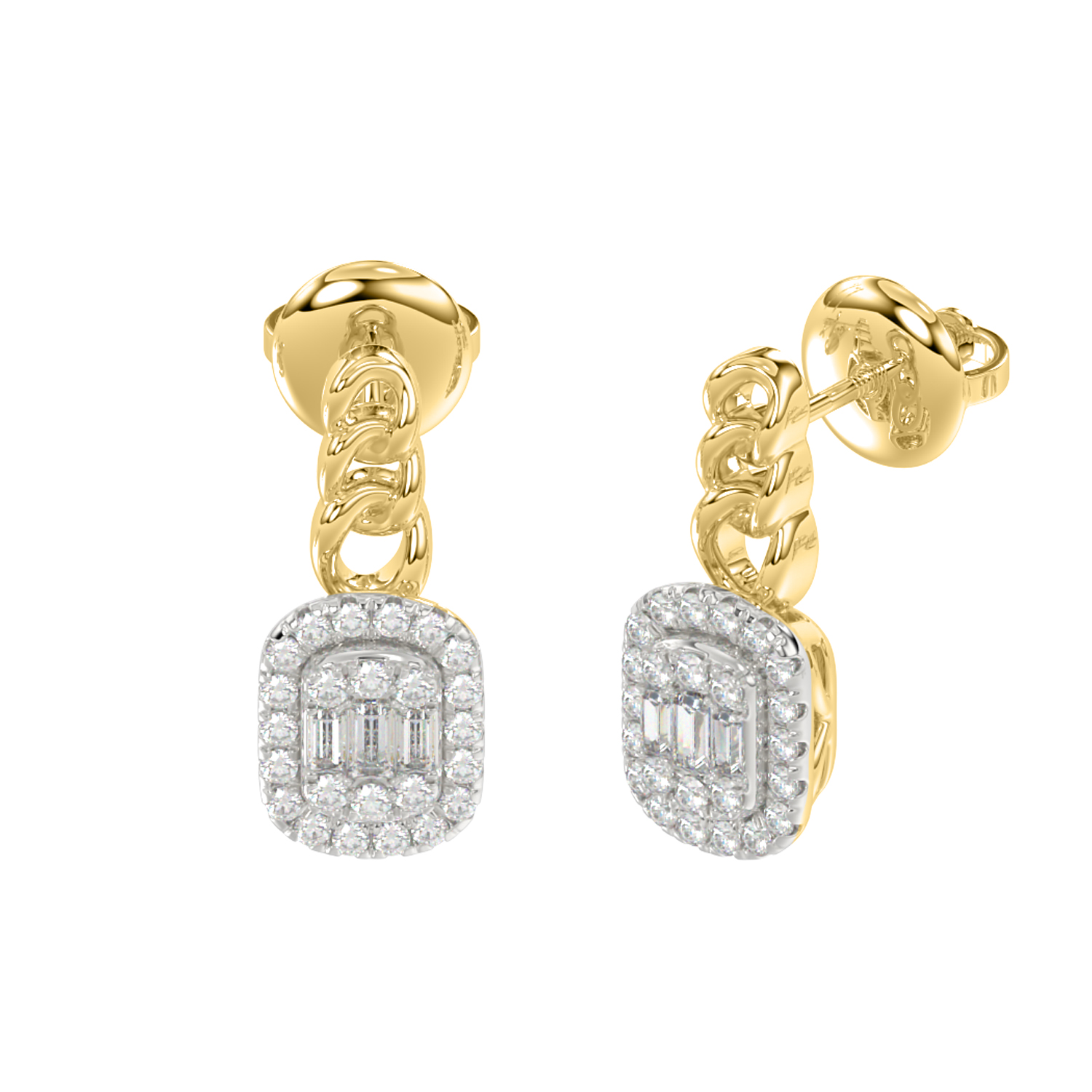 LADIES EARRINGS 0.33CT ROUND/BAGUETTE DIAMOND 14K YELLOW GOLD (SI QUALITY)