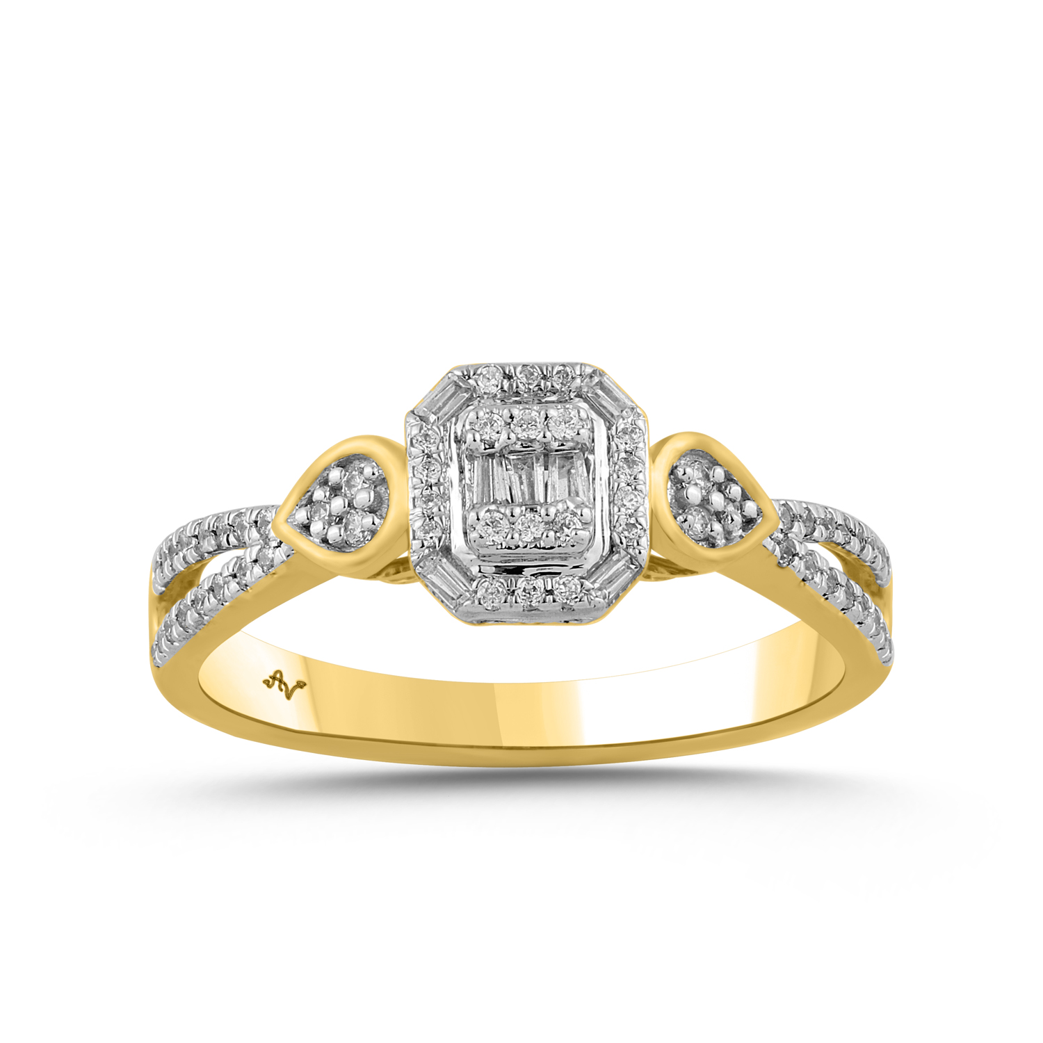 LADIES RING 0.20CT ROUND/BAGUETTE DIAMOND 14K YELLOW GOLD