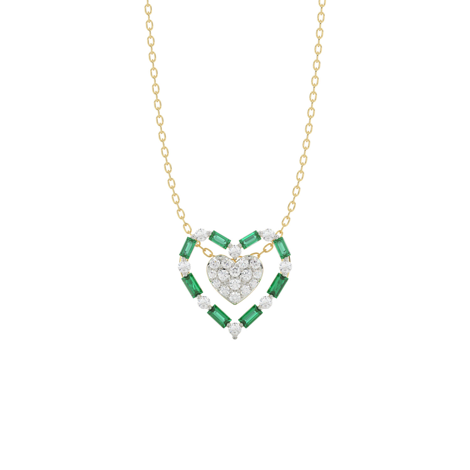 LADIES PENDANT 0.35CT ROUND/GREEN EMERALD BAGUETTE DIAMOND 14K YELLOW GOLD