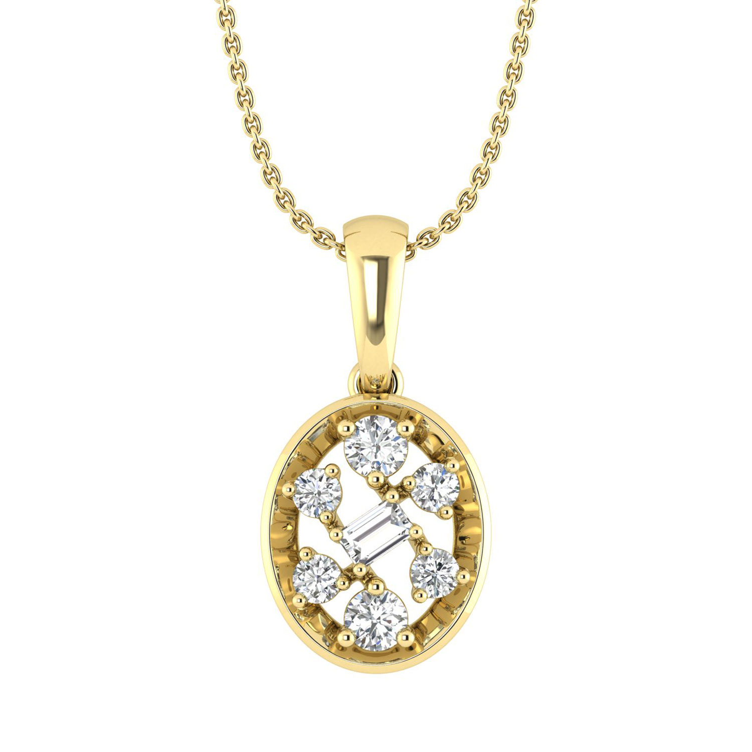 LADIES PENDANT WITH CHAIN 0.20CT ROUND/BAGUETTE DIAMOND 10K YELLOW GOLD