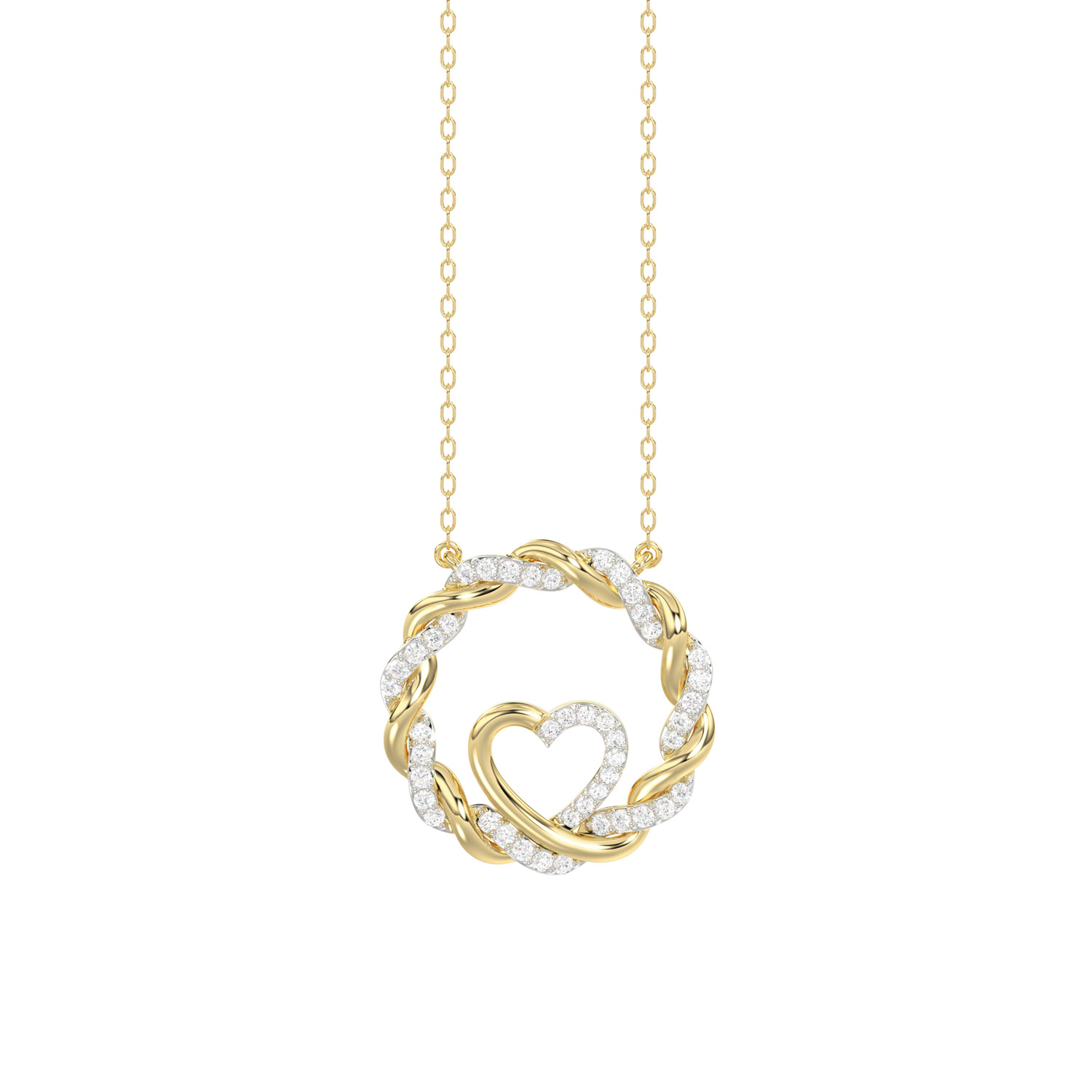 ELEGANCE 10K YELLOW GOLD 0.15CT TWISTED CIRCLE HEART & LADIES PENDANT ROUND DIAMOND WITH CHAIN