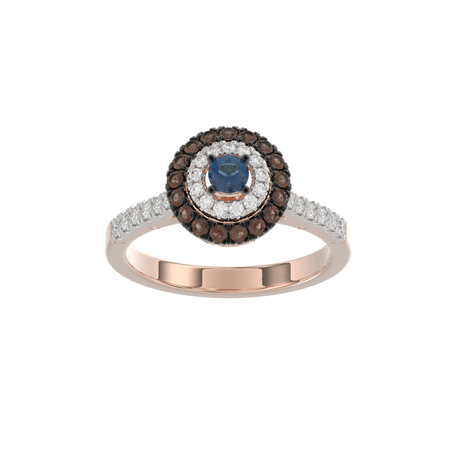 LADIES RING 0.55CT ROUND/BLUE SAPPHIRE/DARK BROWN DIAMOND 14K ROSE GOLD